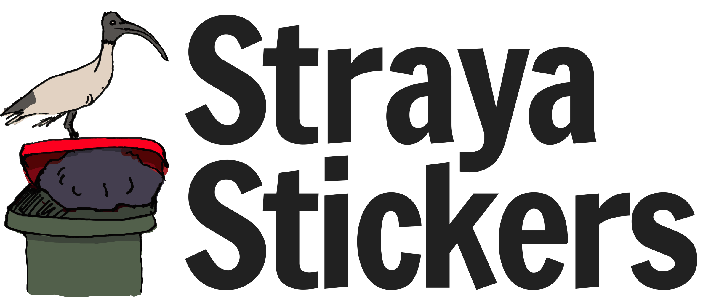 Logo saying Straya Stickers with an ibis sitting on a bin